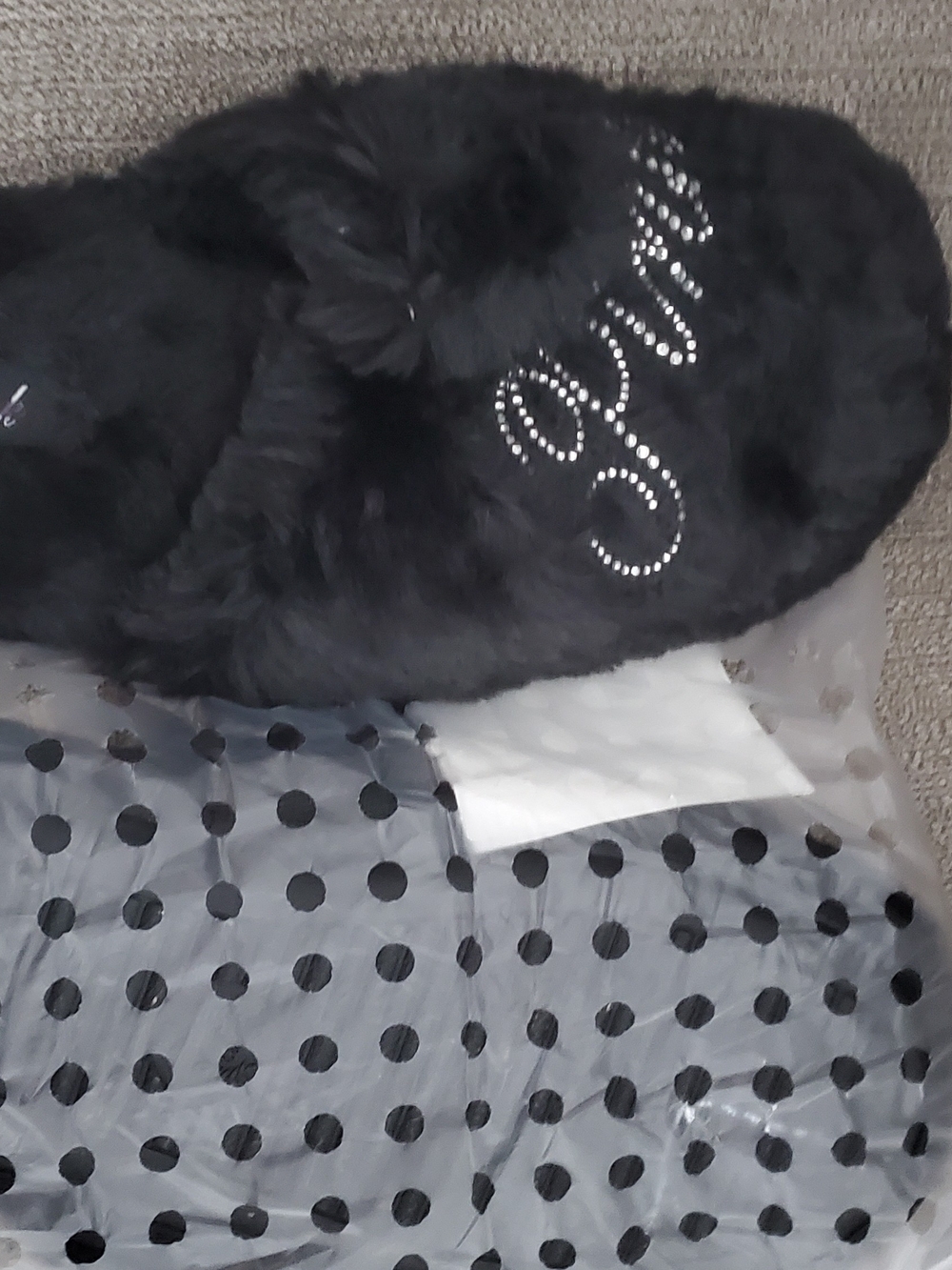 PINK Victoria's Secret Black Faux Fur Slip-On Slippers with Rhinestone Logo